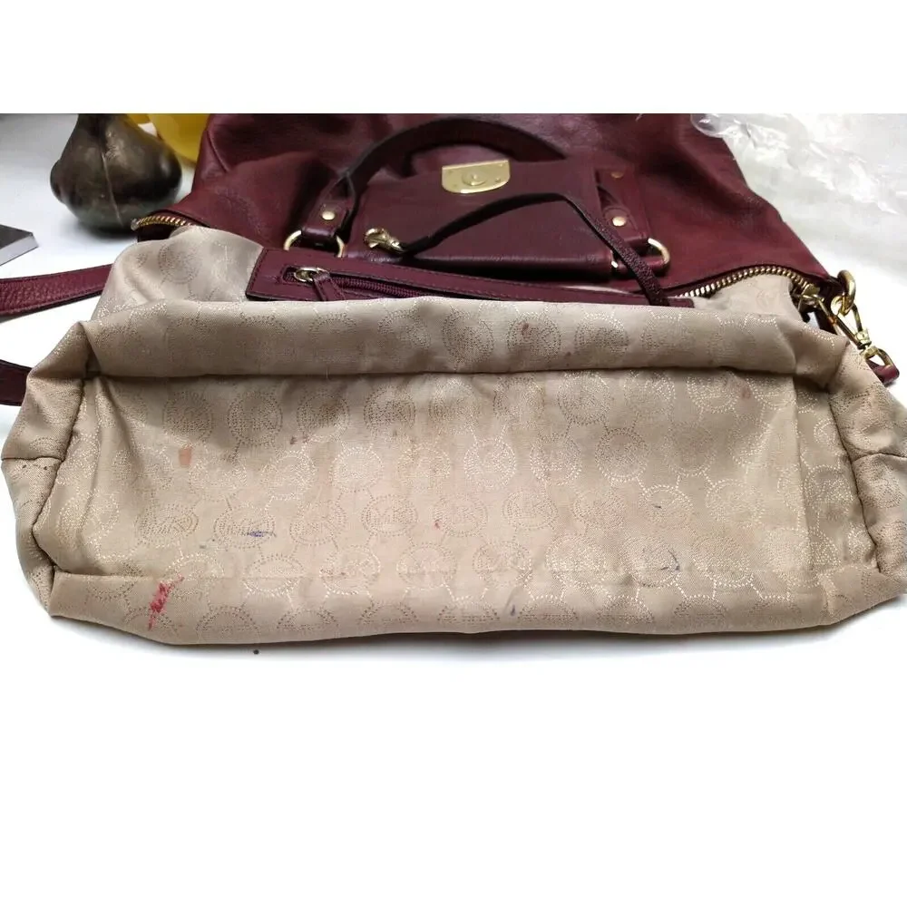 Michael Kors Maroon Leather Lock Double Handles Zipper Satchel Bag